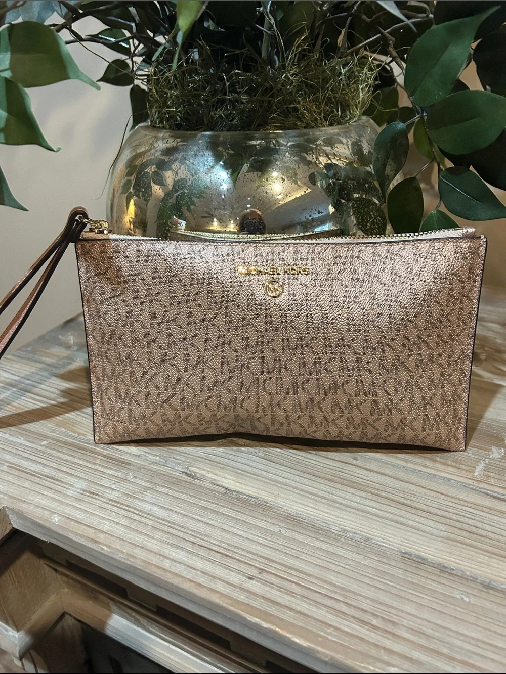 Michael Kors Metallic Rose Gold Signature Wristlet